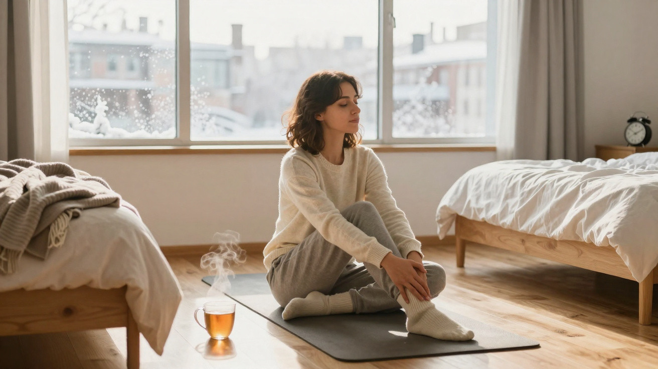 Woman sitting cross-legged on a yoga mat in a bedroom with a steaming cup of tea nearby by the window.