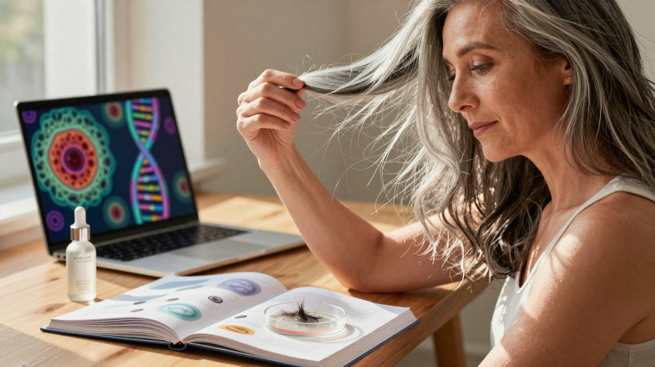 Woman with grey hair examining a strand of hair with a petri dish, book, and laptop showing DNA imagery on a desk.