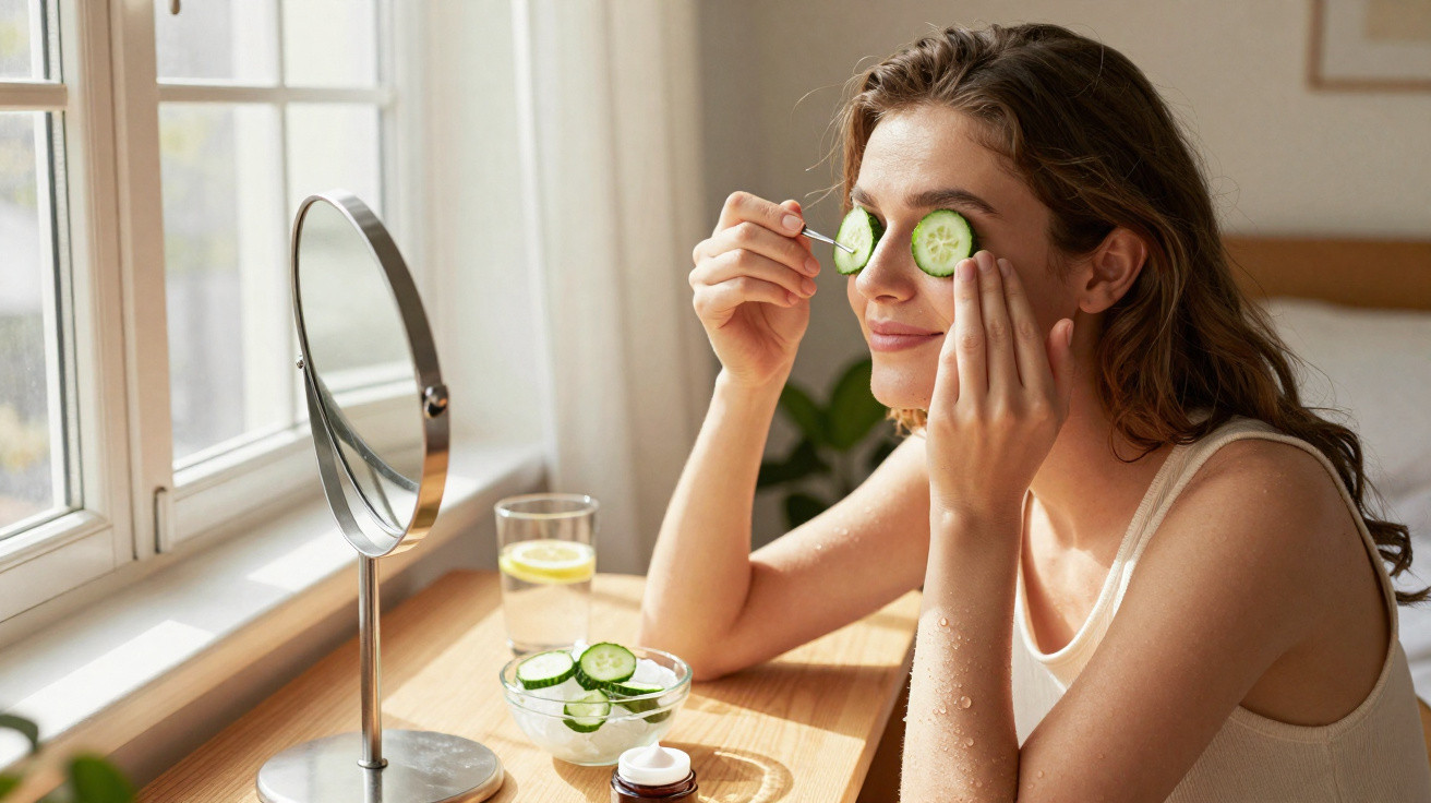 Woman sitting by a window applying cucumber slices to her eyes at a wooden table with skincare products.