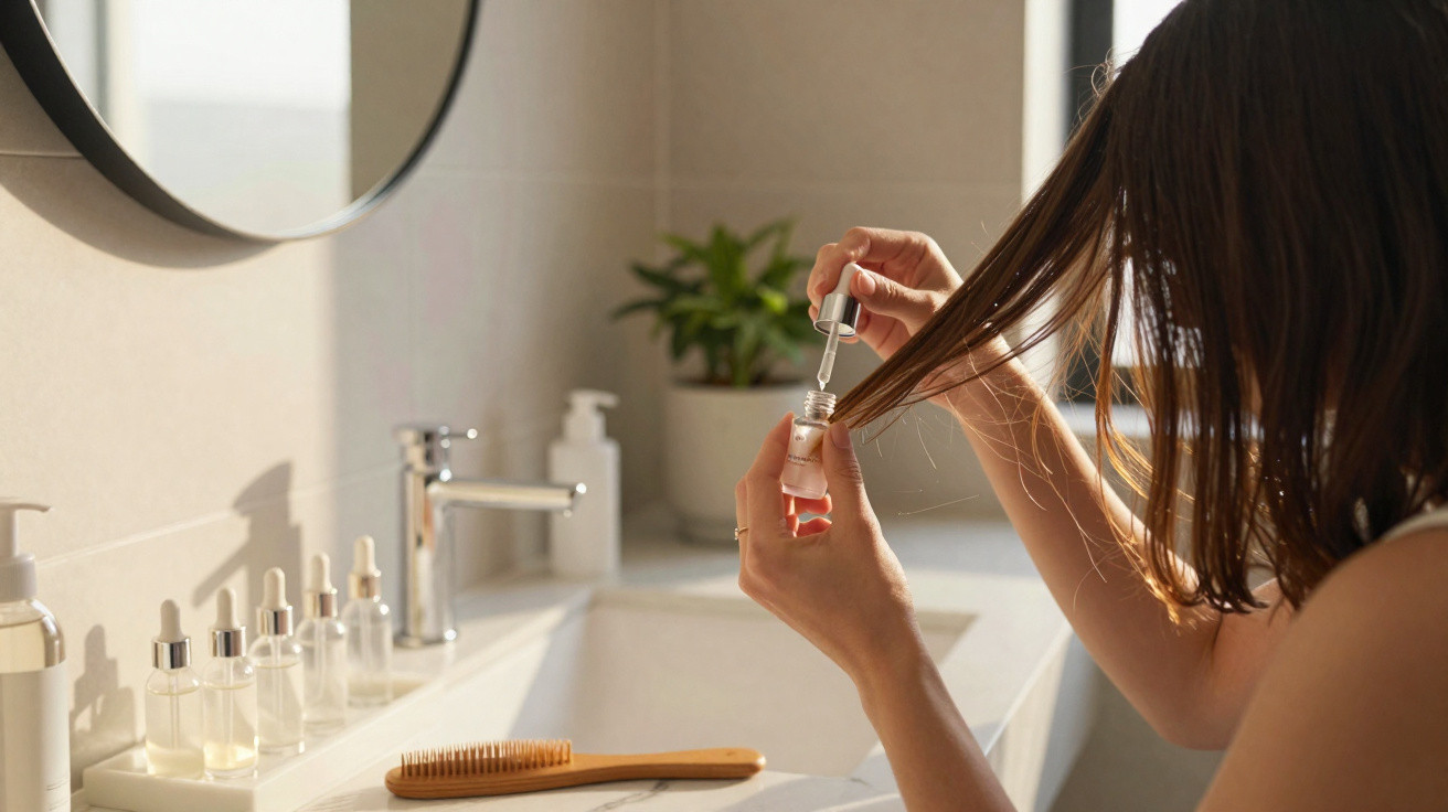 Woman applying hair oil with dropper onto her hair in a bright bathroom with skincare bottles on the sink.