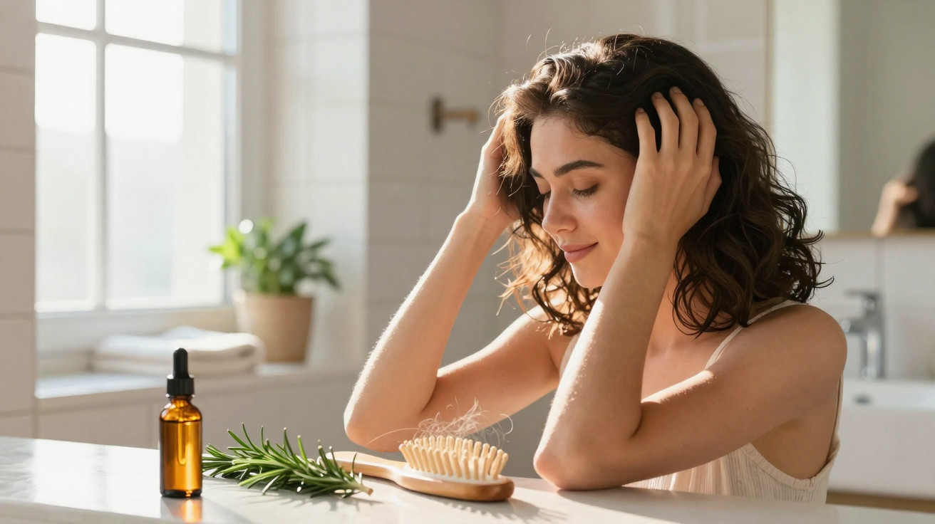 Young woman sitting at a table with a hairbrush, essential oil bottle, and rosemary sprig in a bright bathroom.