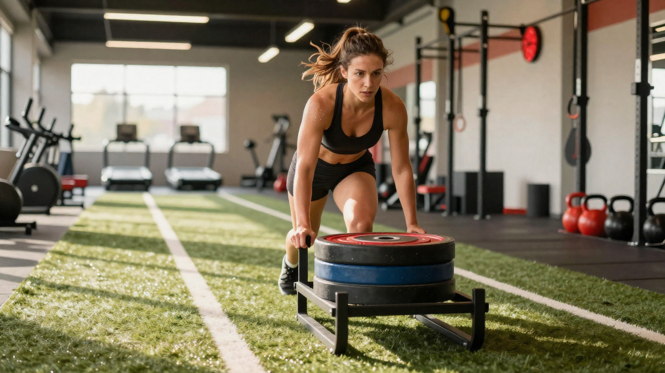 Woman in sportswear pushing a weighted sled on artificial turf in a gym with exercise equipment around.