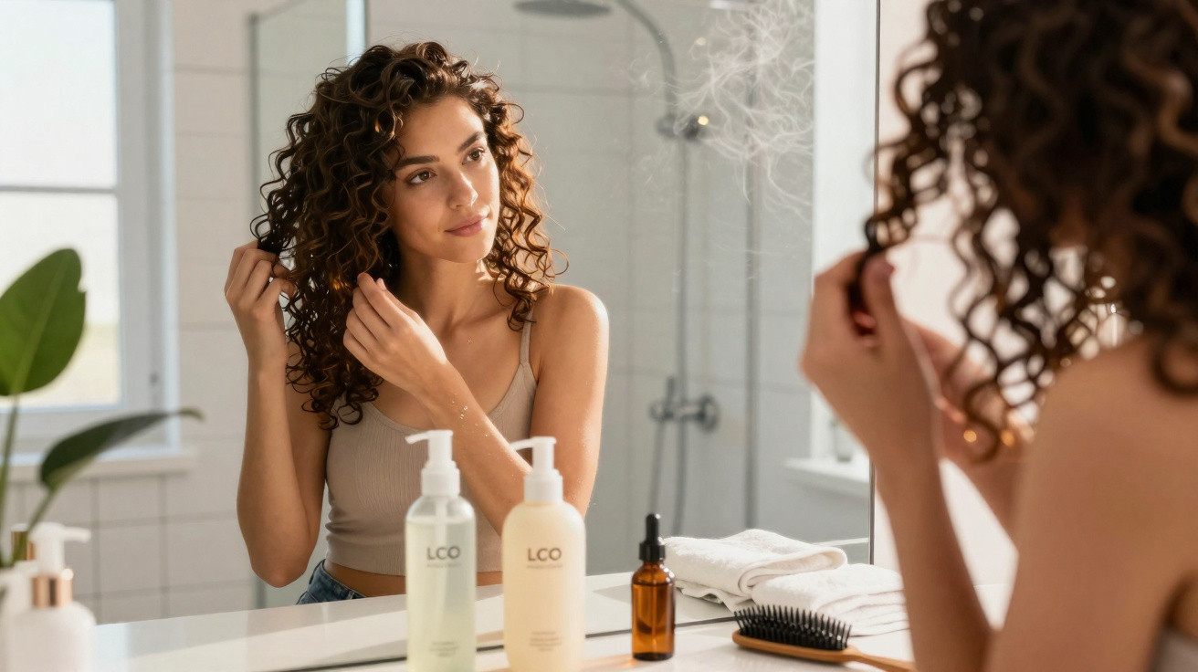 Woman with curly hair styling her hair in a bathroom mirror with haircare products on the counter.