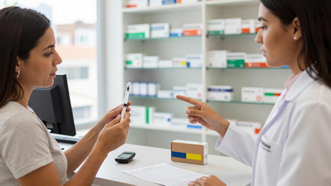 Pharmacist explaining medication injection to a woman at a pharmacy counter with shelves of medicine behind.