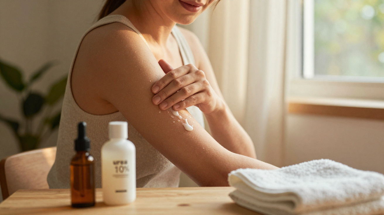 Woman applying moisturiser cream on arm at wooden table near window with skincare bottles and towel