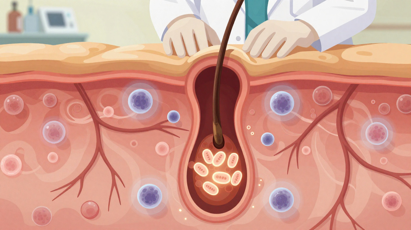 Cross-section illustration of infected hair follicle showing bacteria and immune cells under skin surface.
