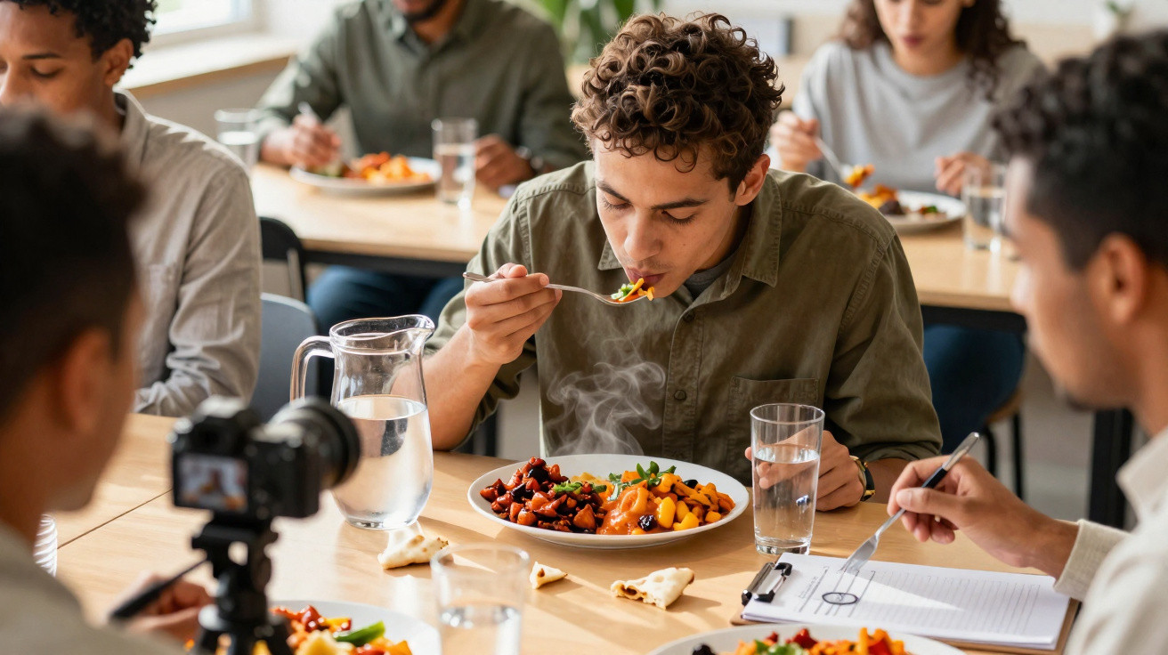Young man eating a steaming plate of food while others eat and take notes in a bright dining setting.