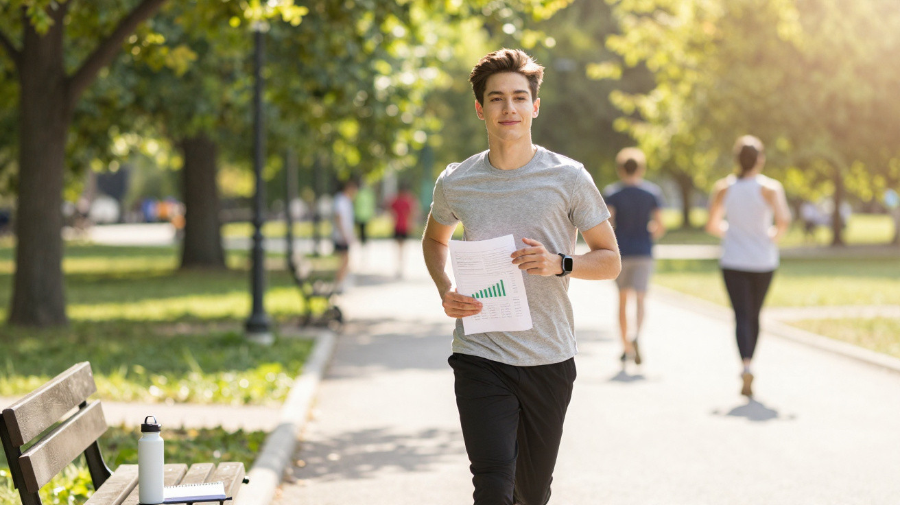 Young man jogging in park holding papers with charts, smiling on a sunny day.