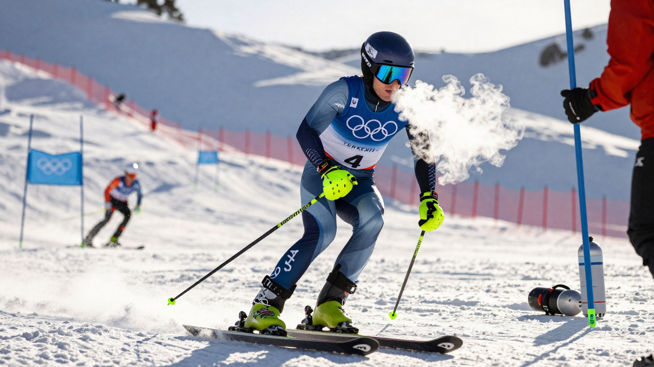 Olympic skier in blue racing suit skiing downhill on snowy course with visible breath in cold air.