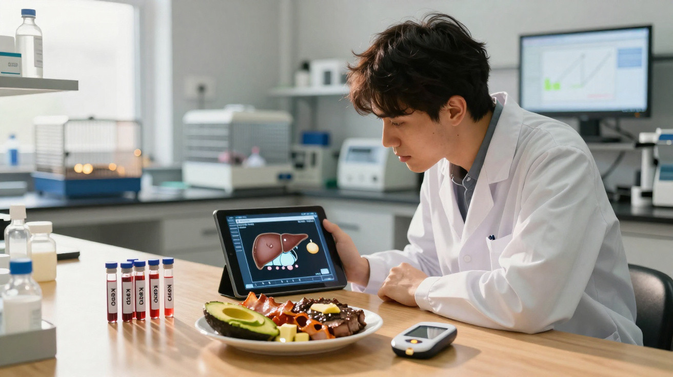 Scientist in lab coat examining liver diagram on tablet with healthy food and glucose monitor on table.