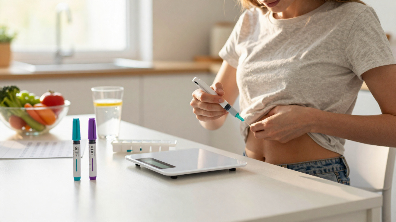 Person administering an insulin injection in their abdomen at a kitchen table with medical supplies nearby.