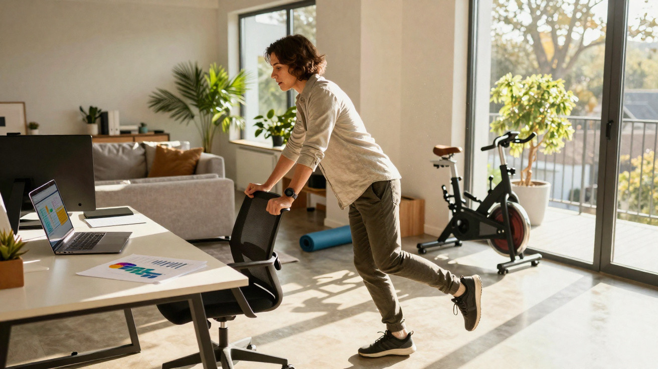 Person exercising by stretching leg while holding office chair in bright home workspace with laptop and exercise bike nearby