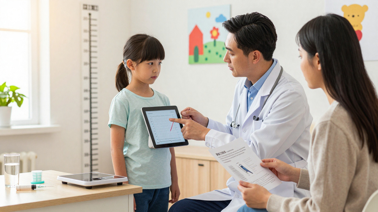Doctor showing medical chart on tablet to young girl during consultation with her mother in clinic room