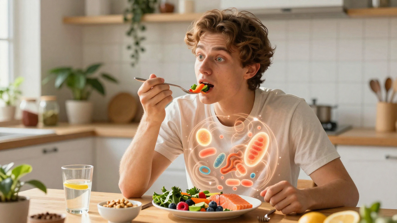 Young man eating healthy food with digital illustration of gut bacteria in a kitchen setting