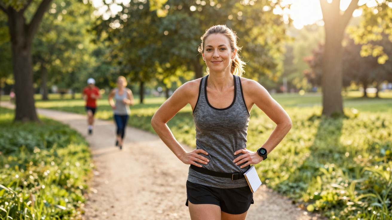Smiling woman in sportswear standing on a park path with hands on hips and runners in the background.