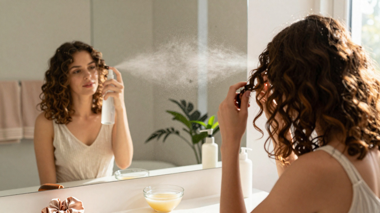 Woman with curly hair spraying mist on her hair in front of a bathroom mirror.