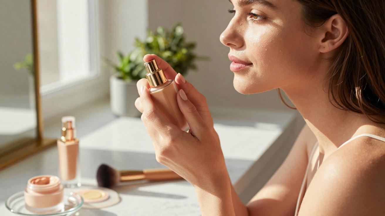 Woman holding a foundation bottle near a window with makeup brush and cosmetics on the table in natural light