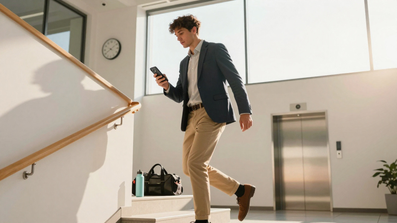 Young man in smart casual outfit walking down stairs while looking at smartphone in bright modern building lobby.