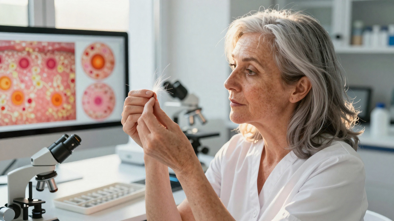 Female scientist examining a feather in a lab with microscopes and cell images on a computer screen.