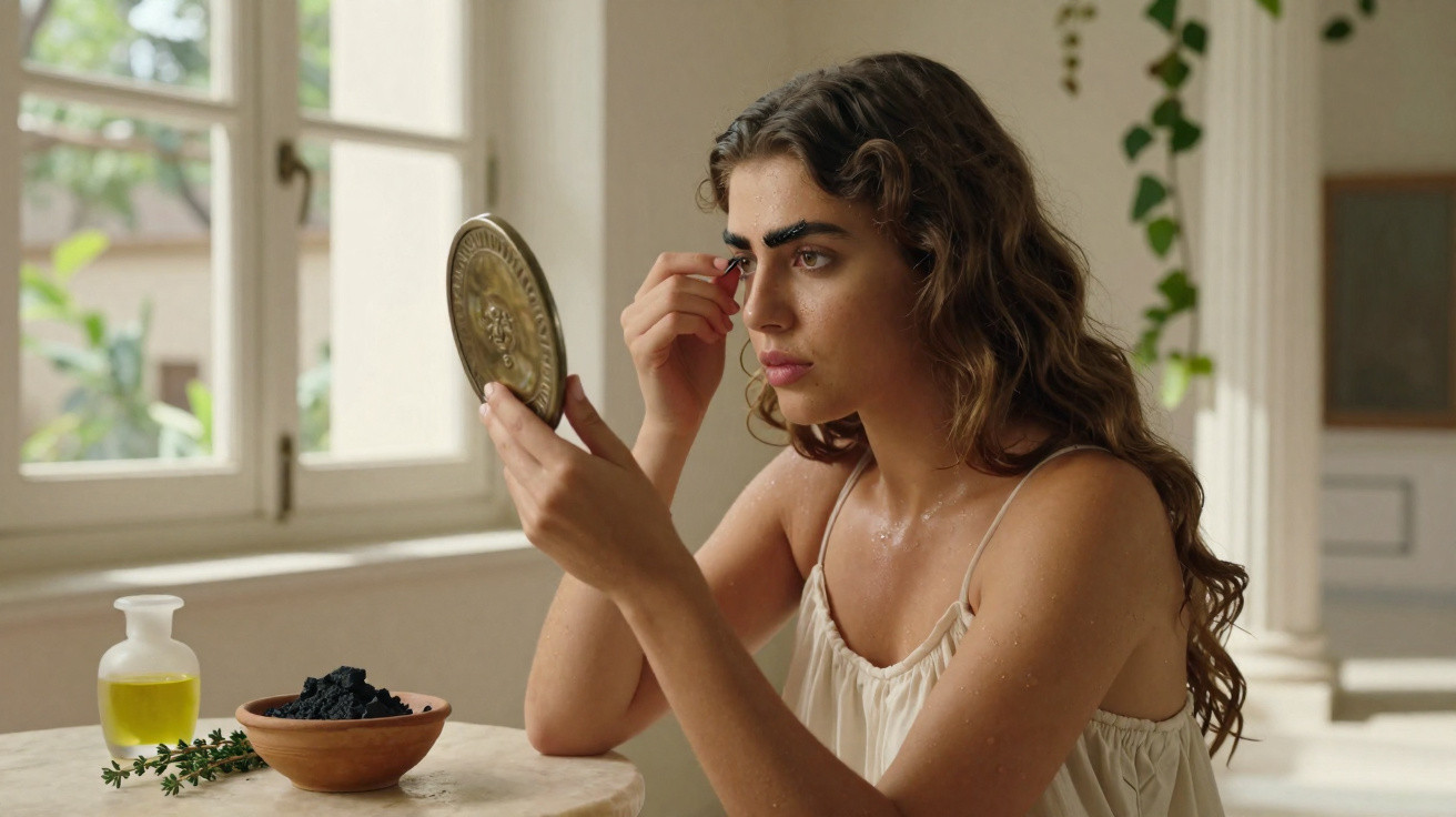 Young woman using an eyebrow razor while looking into a handheld mirror in a sunlit room with plants.