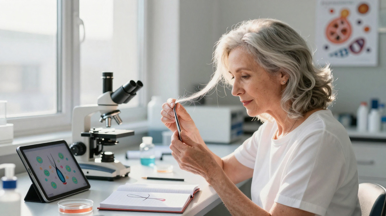 Mature woman examining a hair strand with a magnifying glass in a laboratory setting with microscope and tablet nearby.