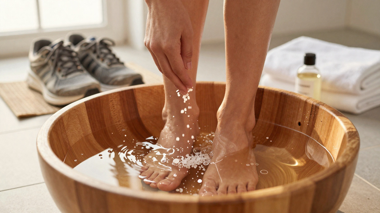 Feet soaking in a wooden bowl of water with bath salts being sprinkled, next to folded towels and shoes.