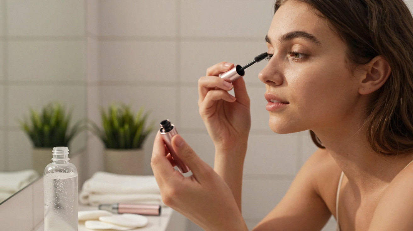 Young woman applying mascara in front of a bathroom mirror with skincare products on the counter.