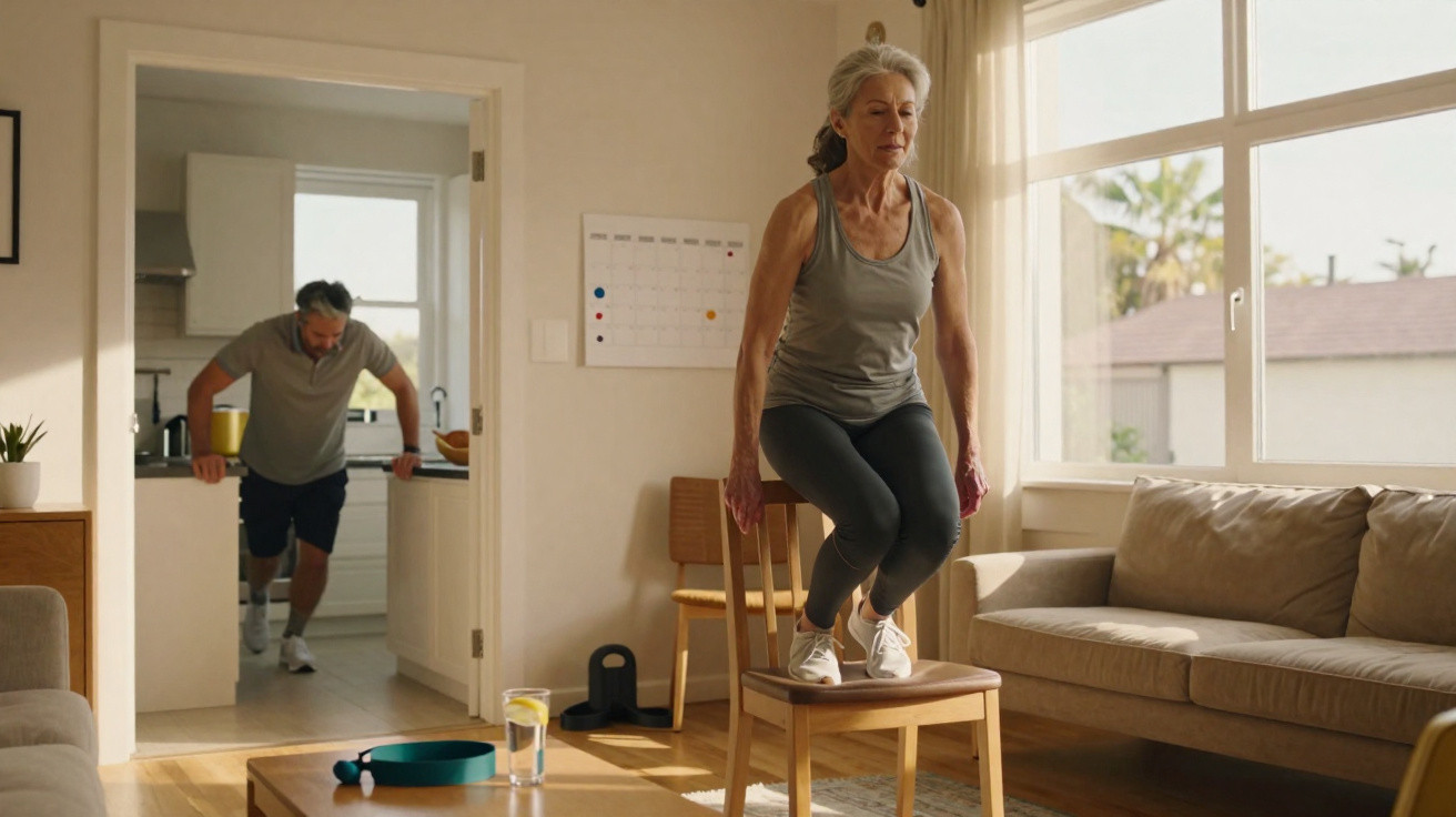 Older woman exercising by sitting on a chair while an older man does push-ups in the kitchen.