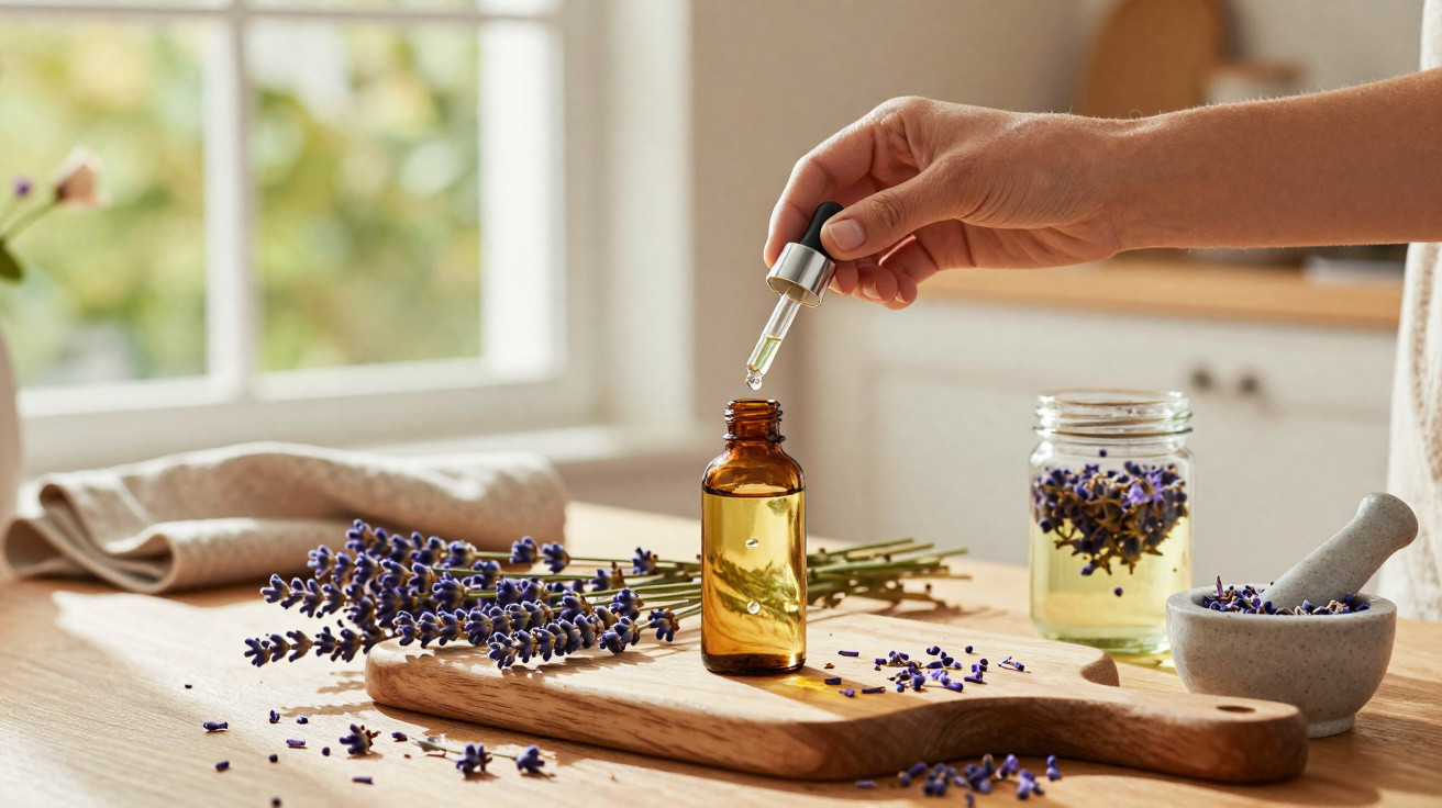 Hand holding dropper above amber bottle with lavender sprigs, jar, and mortar on wooden board in kitchen.