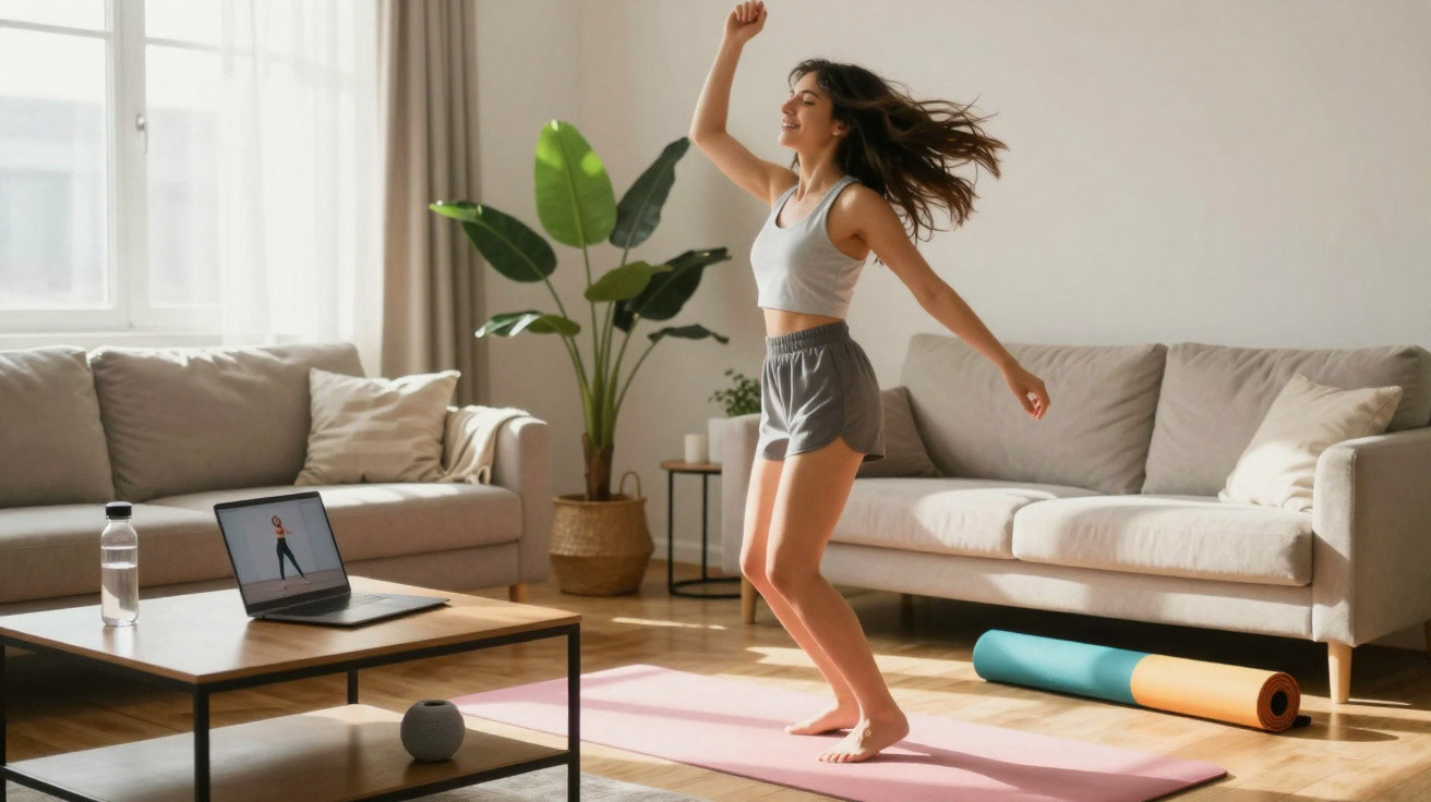 Young woman following an online workout on a laptop while exercising in a bright, cosy living room.