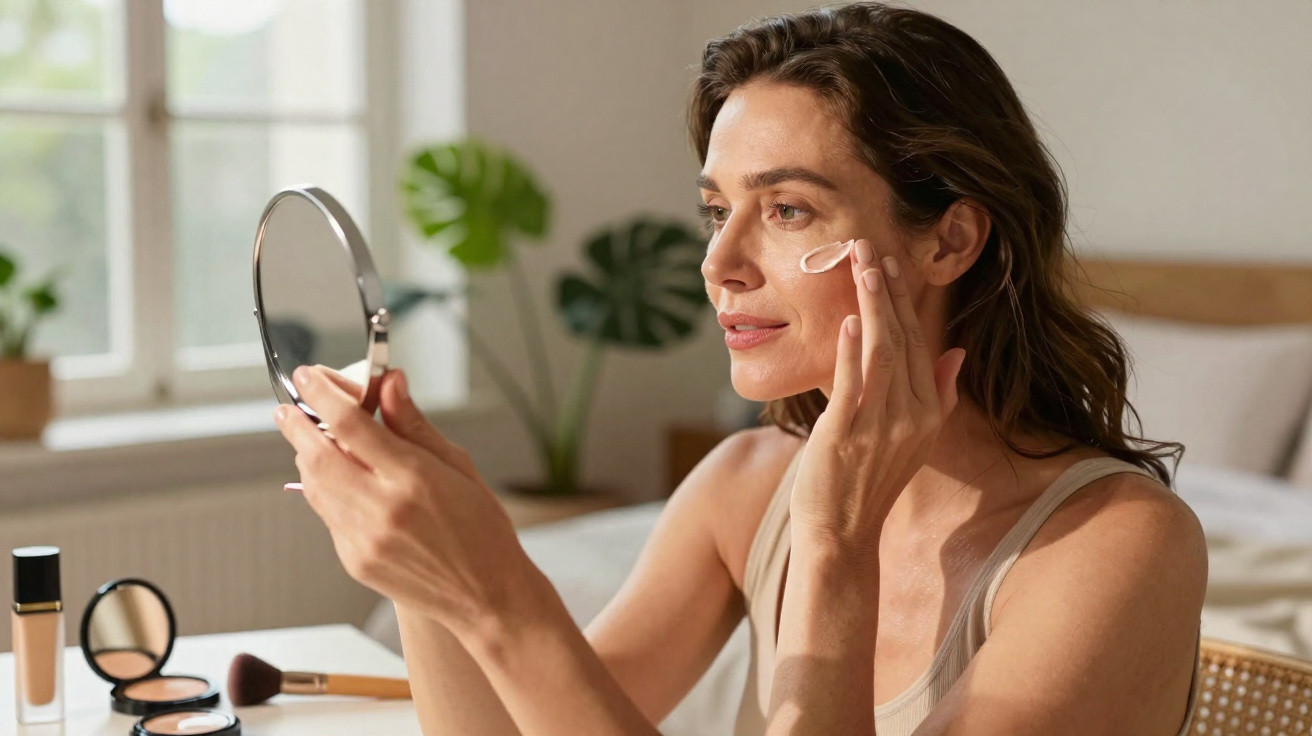 Woman applying cream to her face while looking into a handheld mirror at a makeup table by the window.