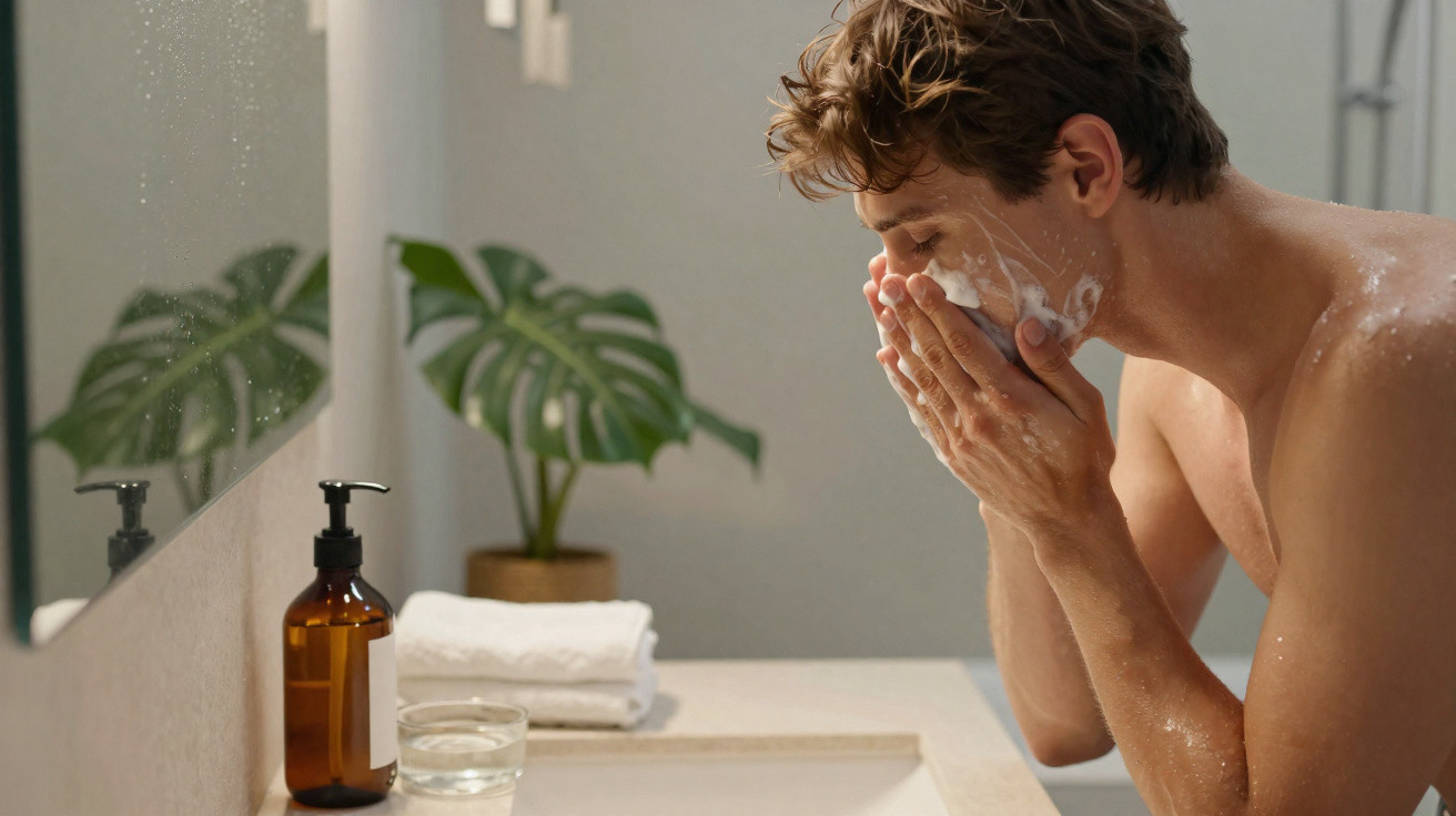 Young man washing his face with foam in a modern bathroom by the sink and mirror.