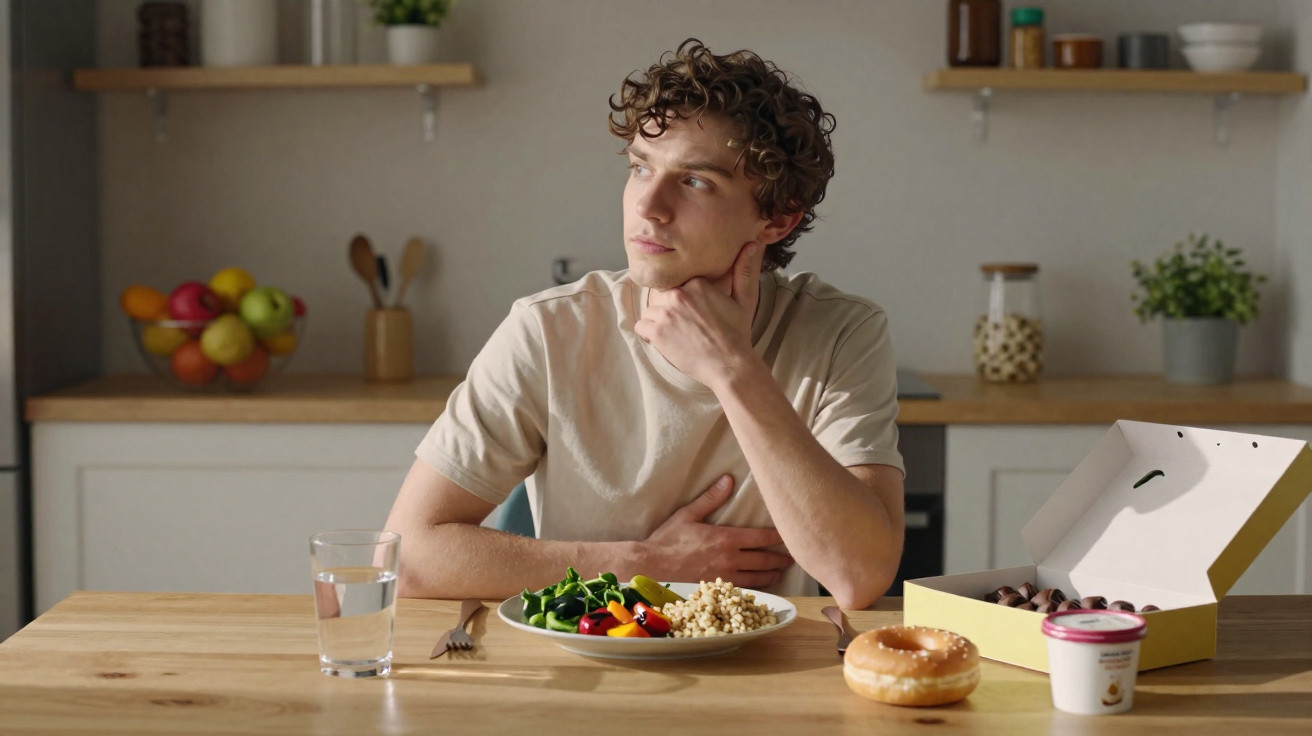 Young man in kitchen choosing between healthy meal and sweets, sitting at wooden table with food and water.