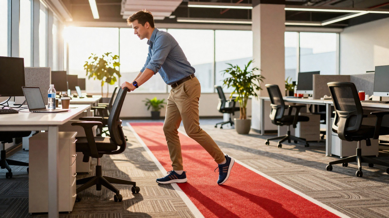 Man in smart casual wearing trainers stretching using office chair in modern open-plan office.