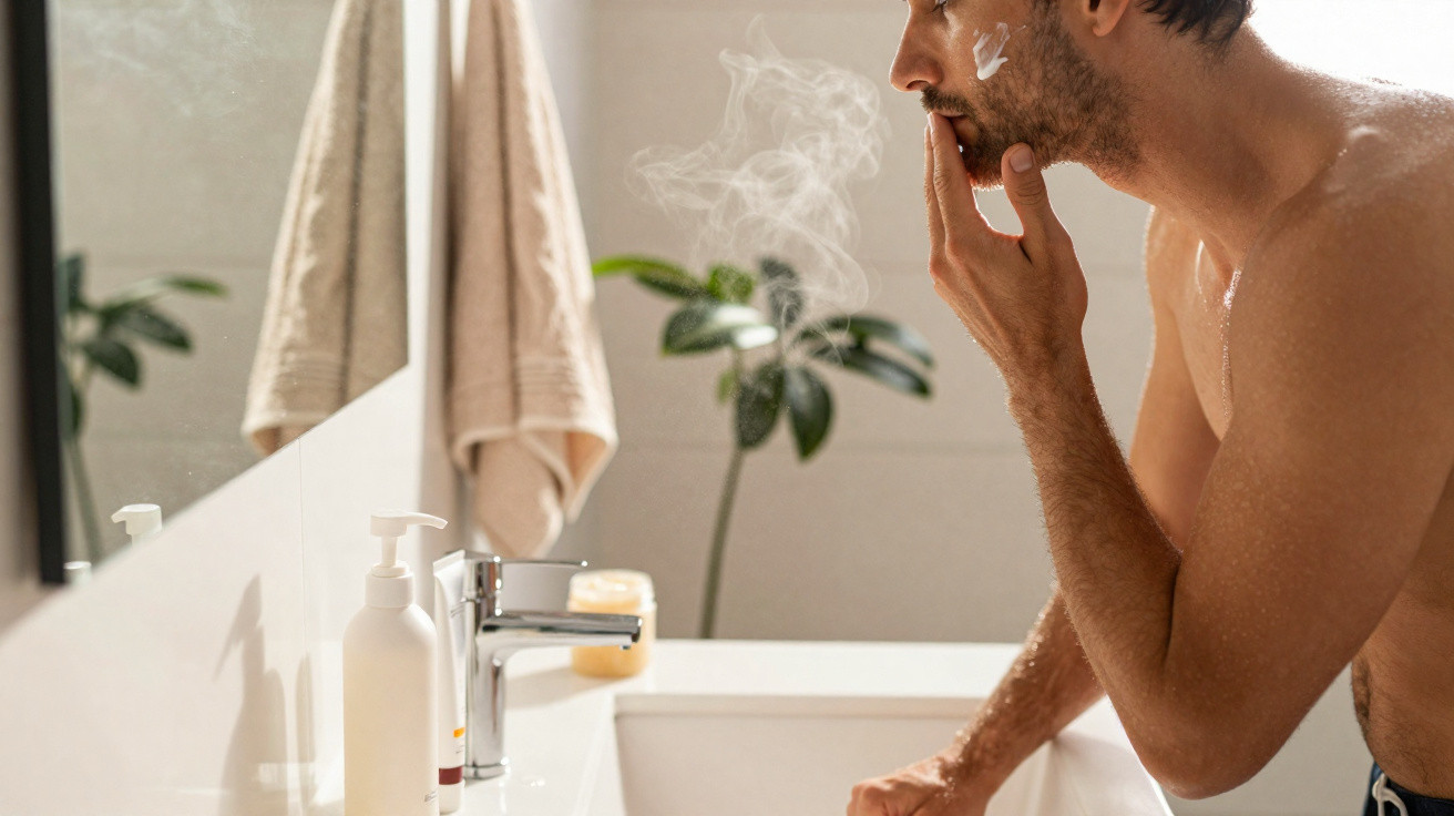 Man applying facial cream in bathroom with towels and plant in background