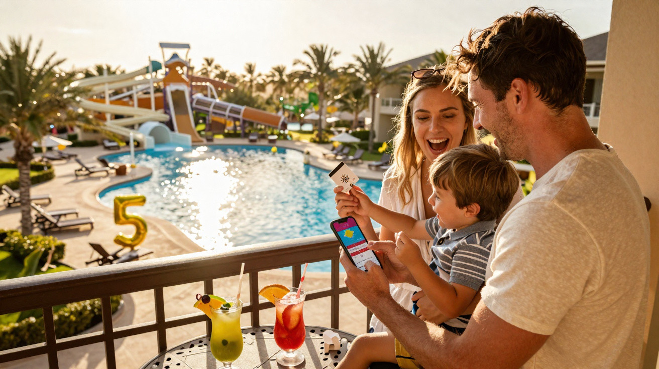 Family of three using a phone on a balcony overlooking a pool with water slides and palm trees at sunset.