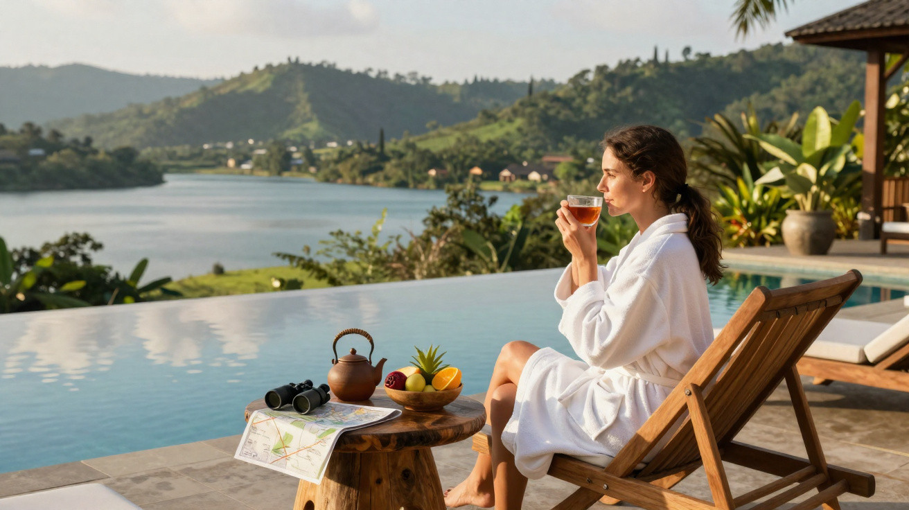 Woman in a white robe drinking tea by an infinity pool overlooking a lake and hills in the morning.