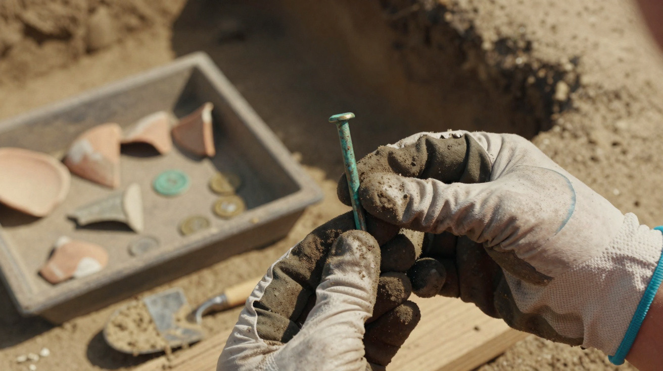 Archaeologist wearing gloves holding a green nail at an excavation site with pottery fragments in a tray.