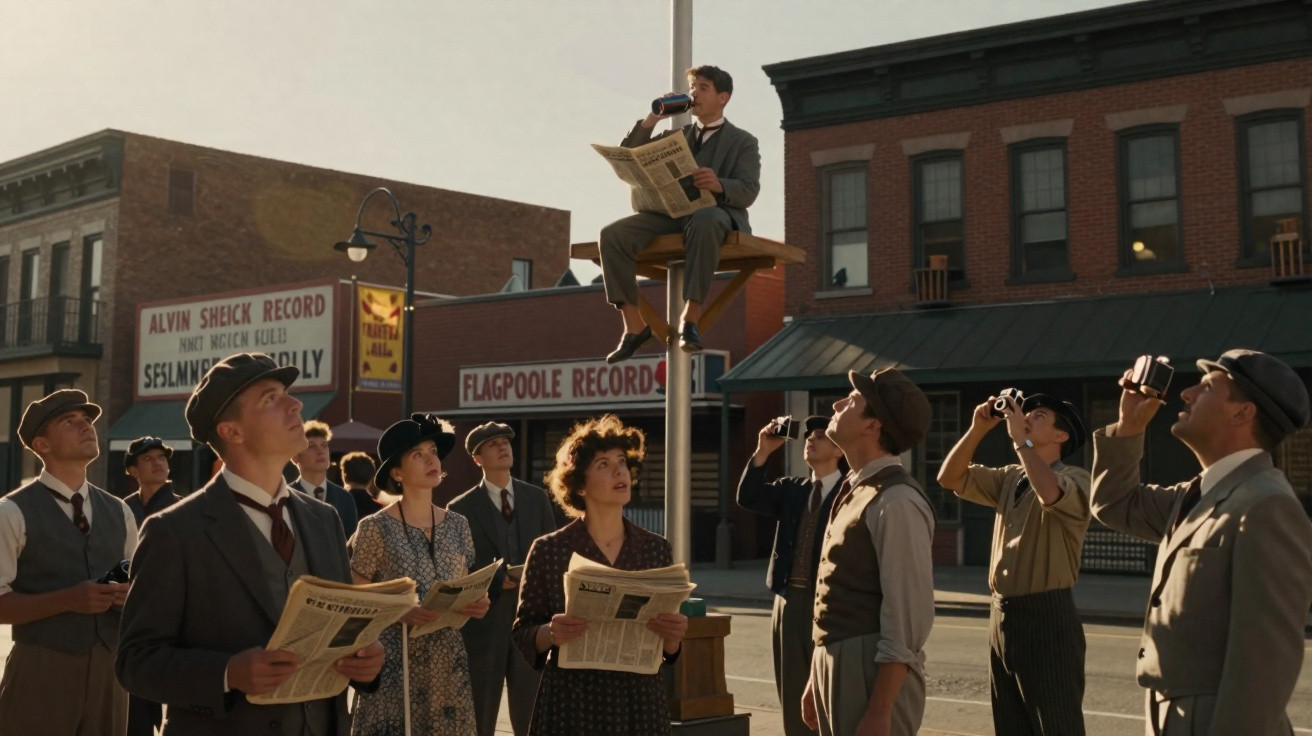 A man elevated on a platform drinks from a bottle while a crowd below reads newspapers and looks up with binoculars.