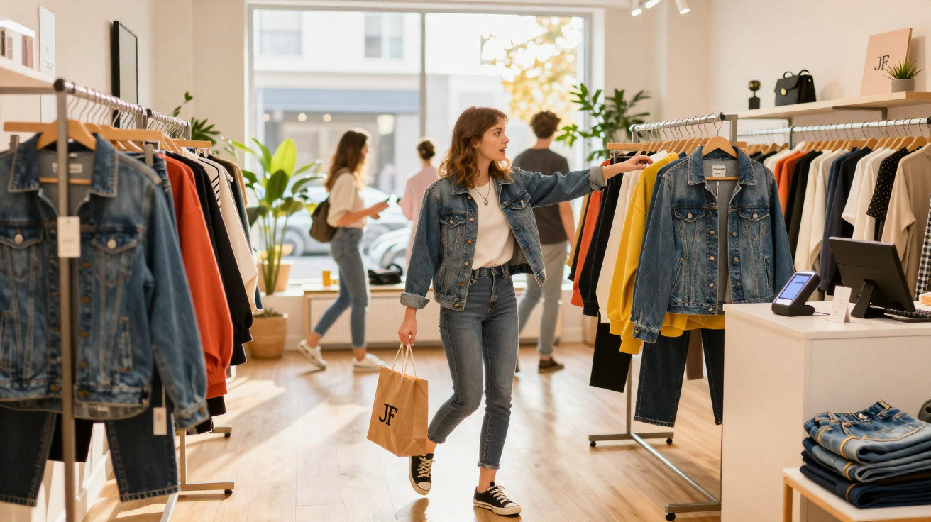Young woman shopping for clothes in a bright, modern boutique with denim jackets and casual wear on racks.