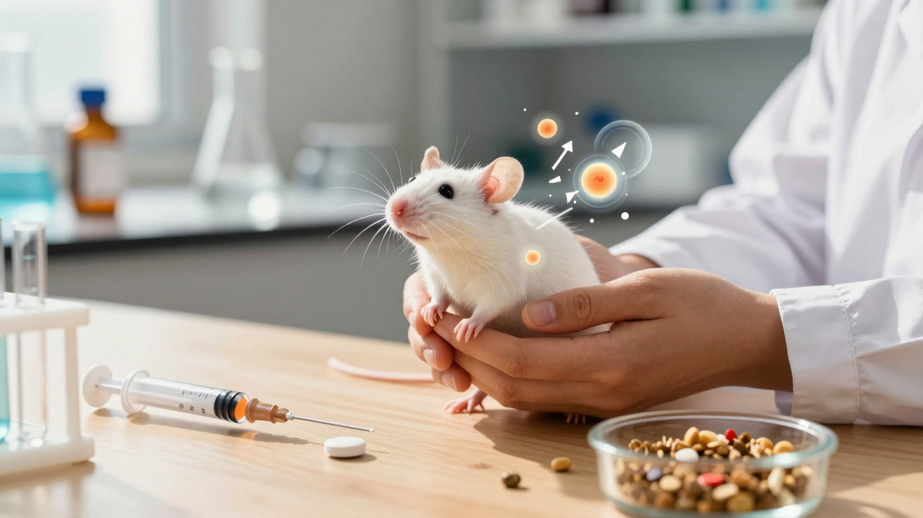 Scientist in lab coat holding a white rat near syringe and bowl of mixed lab food on wooden table.