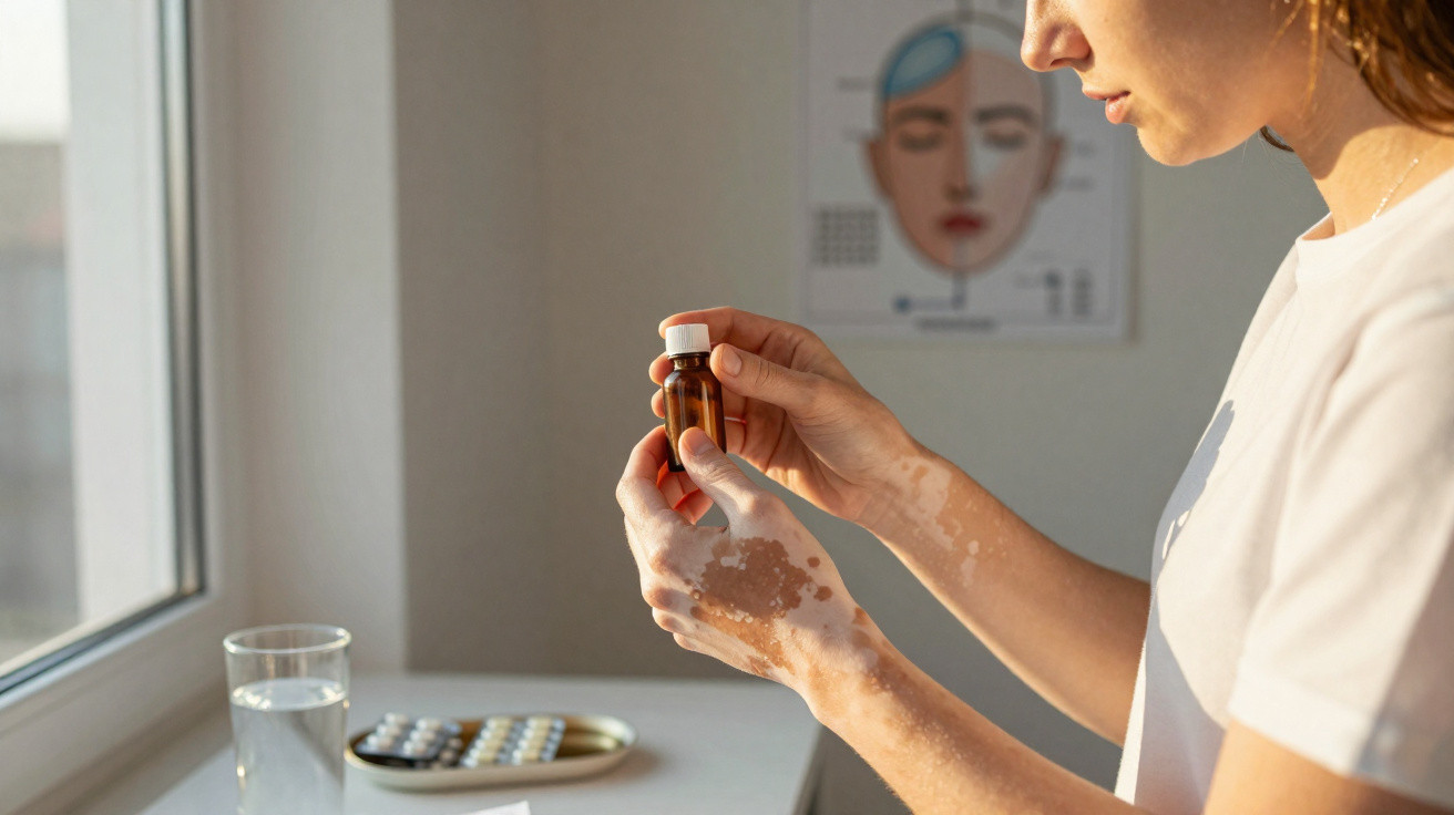 Person with vitiligo holding a small medicine bottle by a window with pills and glass of water nearby