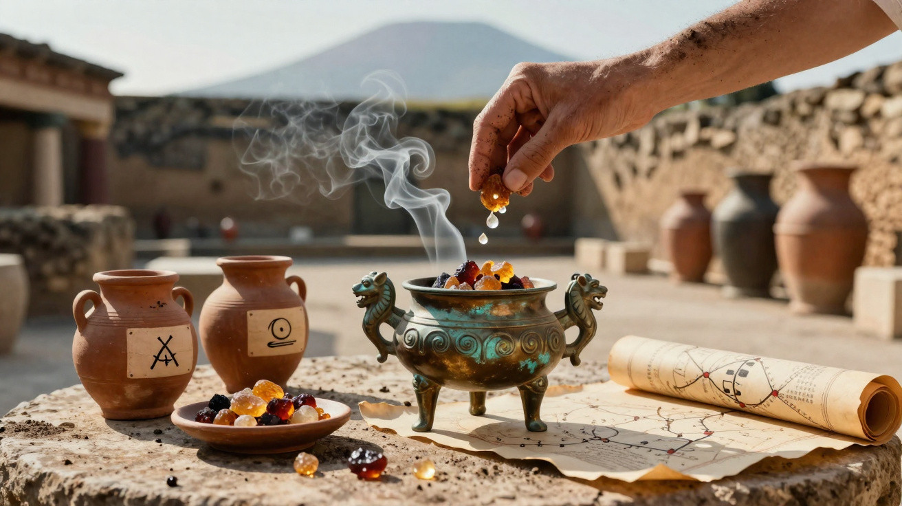 Hand sprinkling resin into a smoking bronze censer surrounded by clay jars and an ancient map on a stone table outdoors.