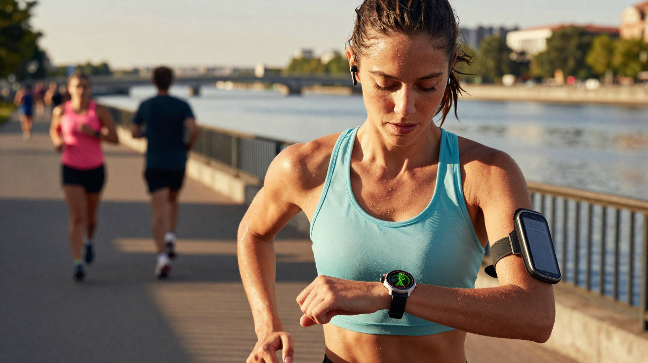 Woman in a blue sports top checking her smartwatch while running along a riverside path on a sunny day.