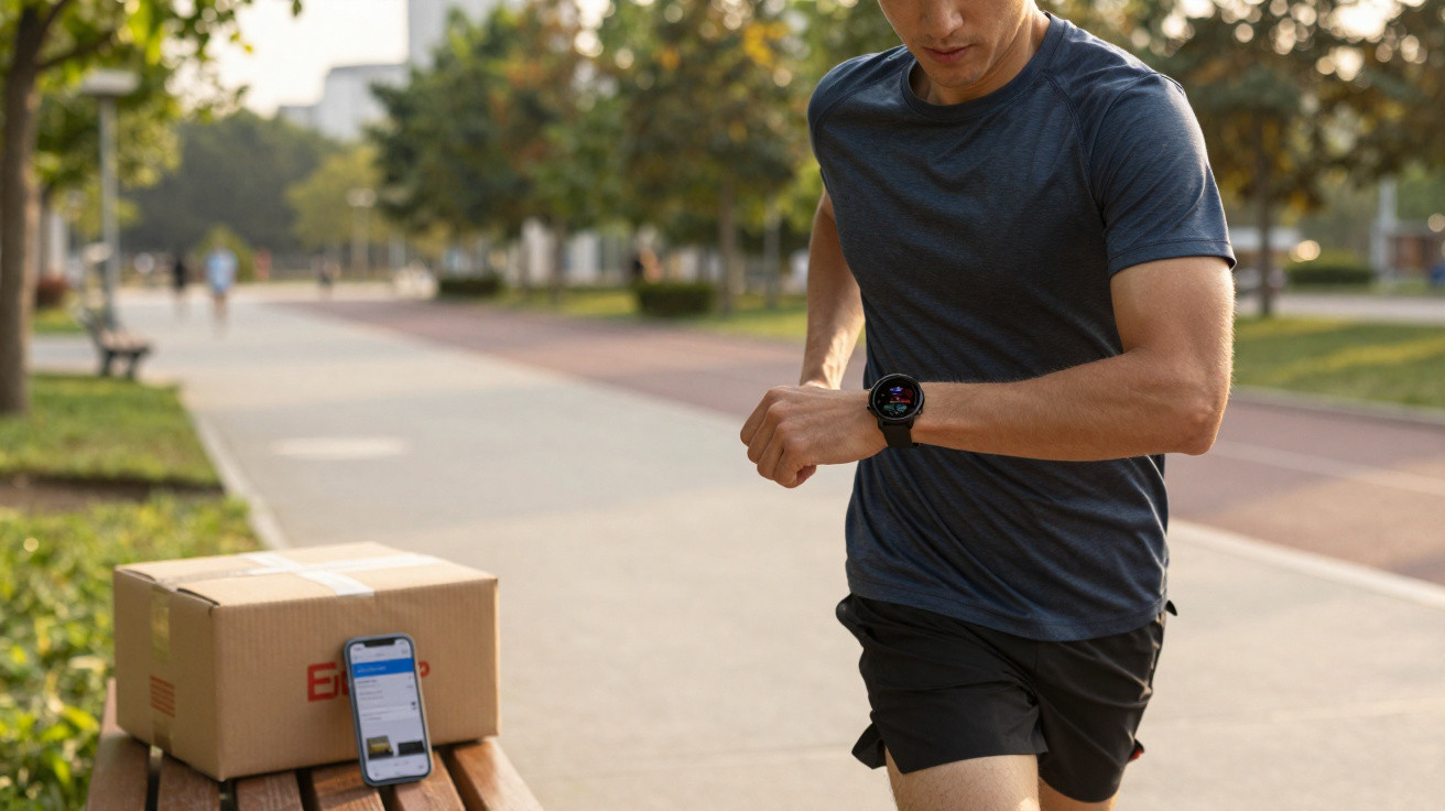 Man wearing sportswear checks smartwatch while running in a park with a phone and parcel on a bench nearby.