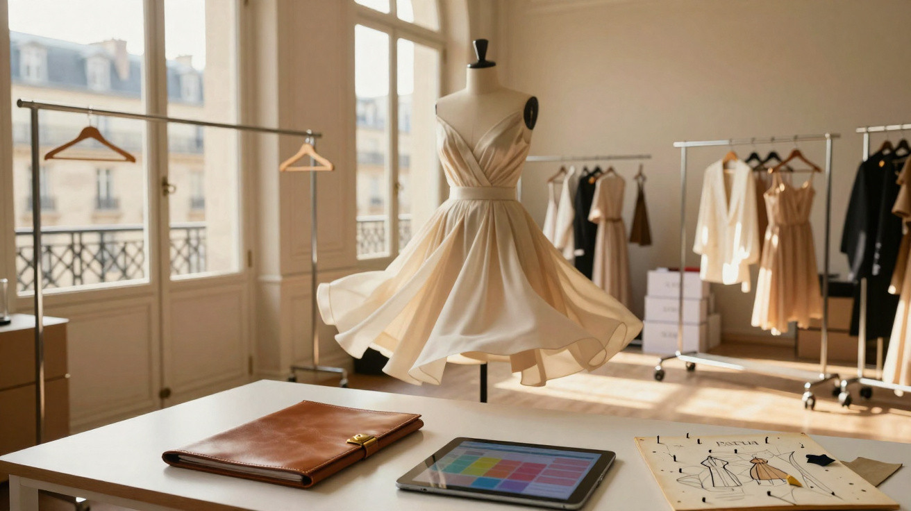 Light beige dress on a mannequin in a bright fashion studio with sketches and fabric samples on the table.