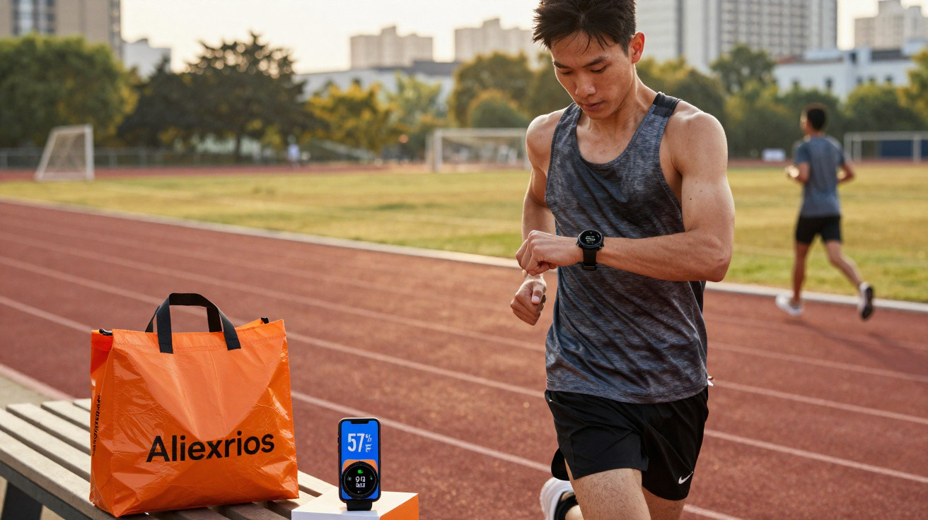Man in sportswear running on a track while checking his smartwatch, with an orange Aliexrios bag nearby.