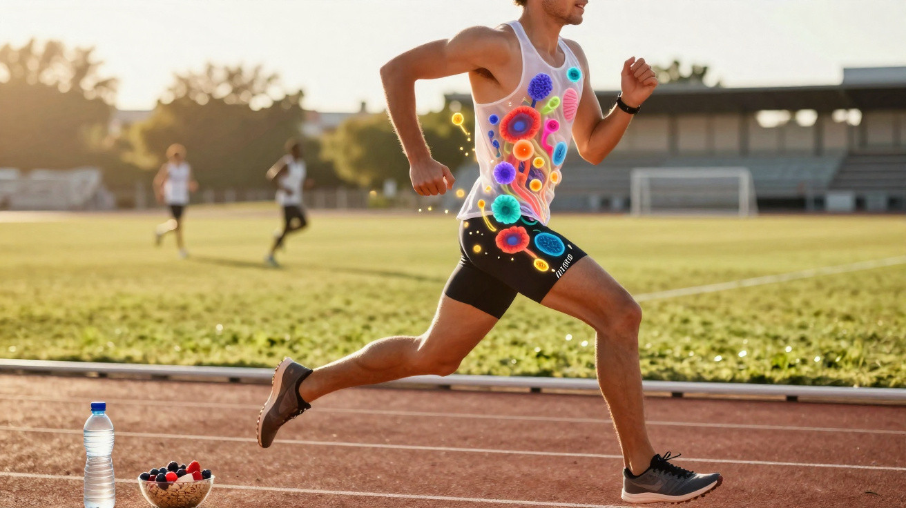 Athlete running on track with colourful illustrations of gut bacteria and cells on his torso, bowl of berries nearby.