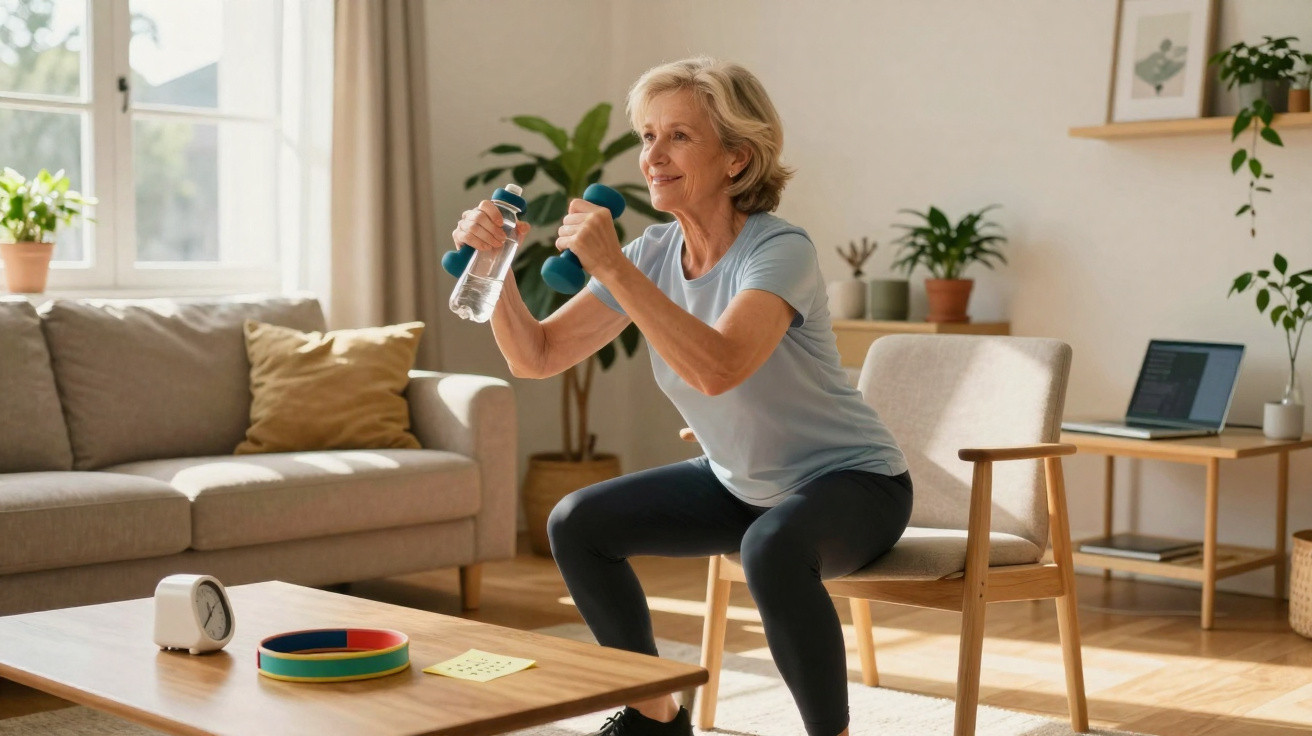 Older woman exercising with dumbbells and water bottle while sitting on a chair in a bright living room.