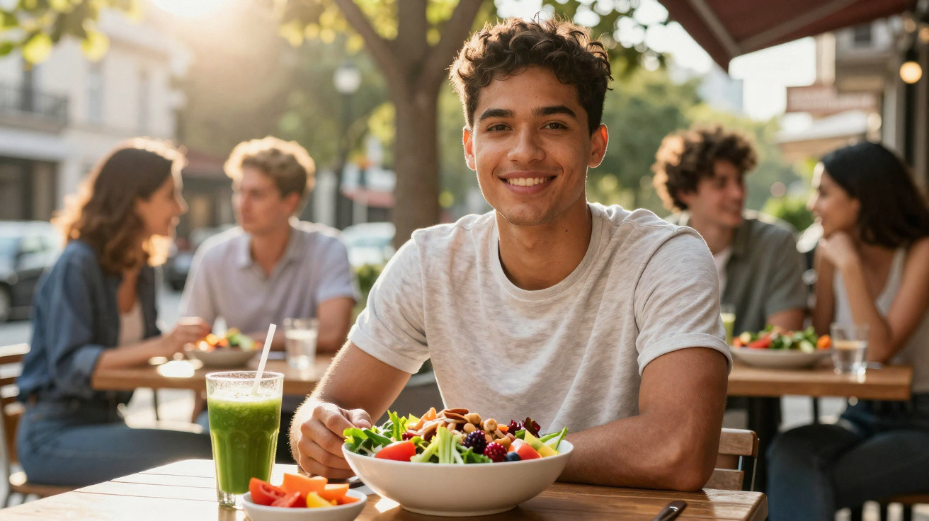 Young man smiling at outdoor café table with a healthy salad and green smoothie on a sunny day.